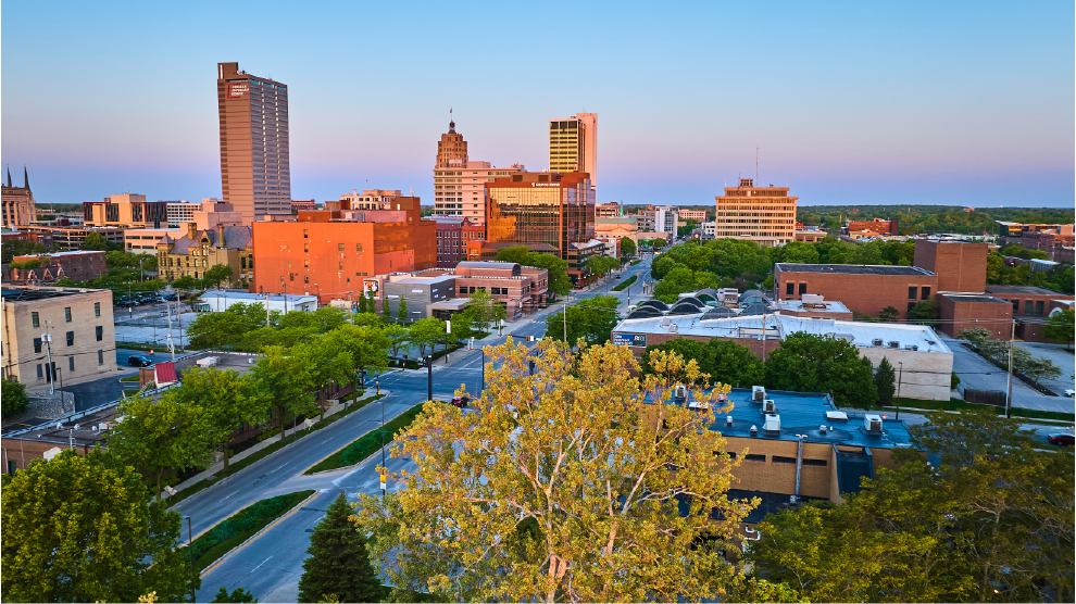 Aerial skyline photo of Fort Wayne, IN.