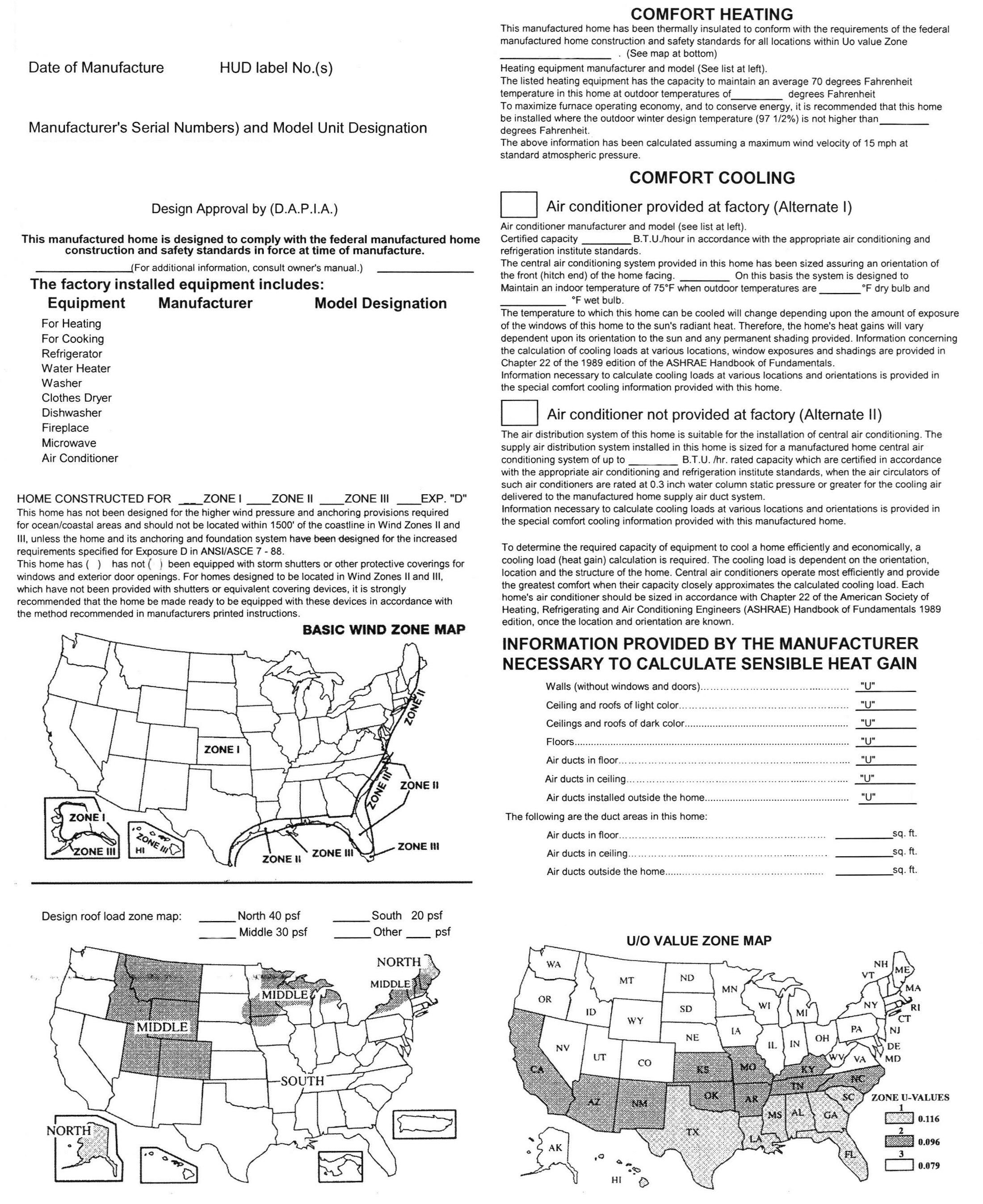 Photo of a HUD data plate (letter sized paper with manufactured home details on it).