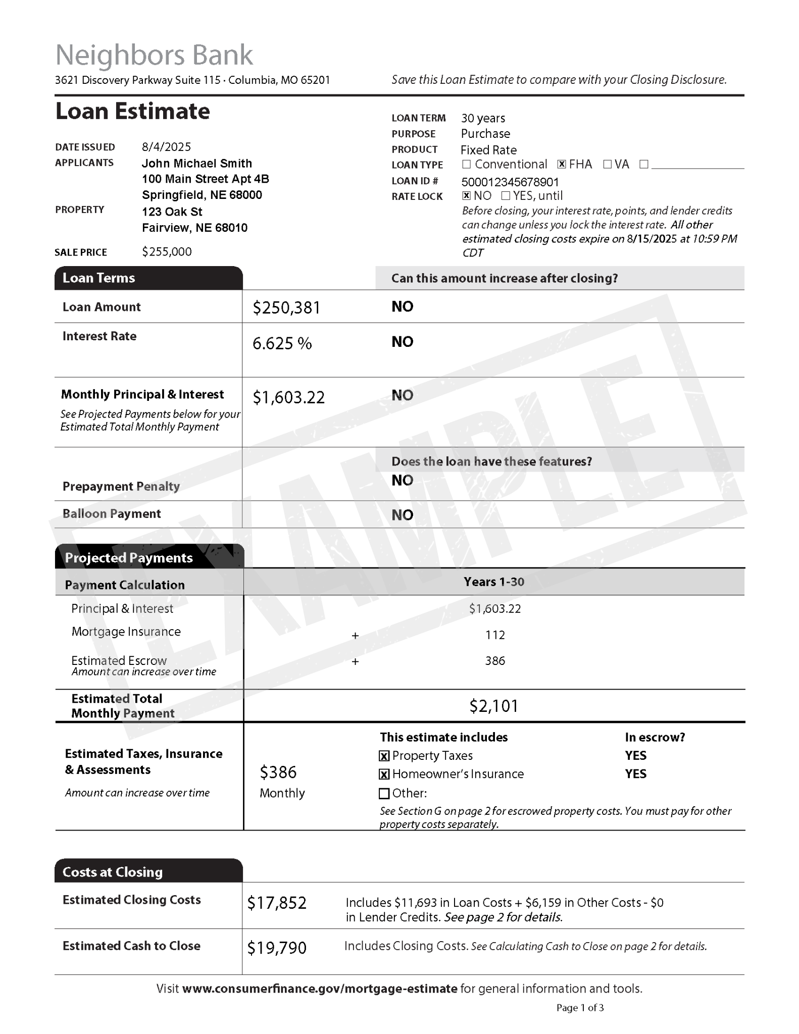 Page one of an example loan estimate.