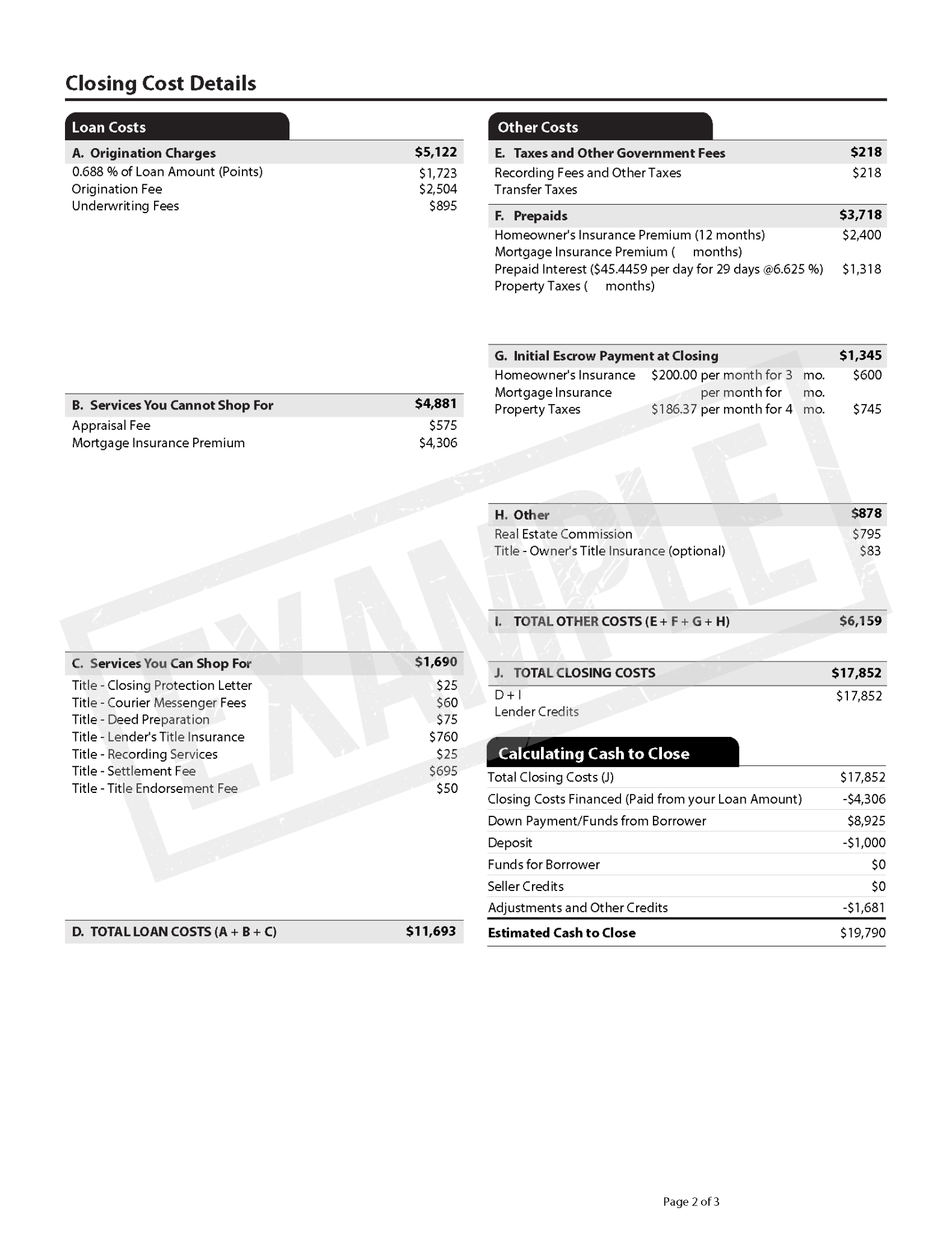 Page two of an example loan estimate.