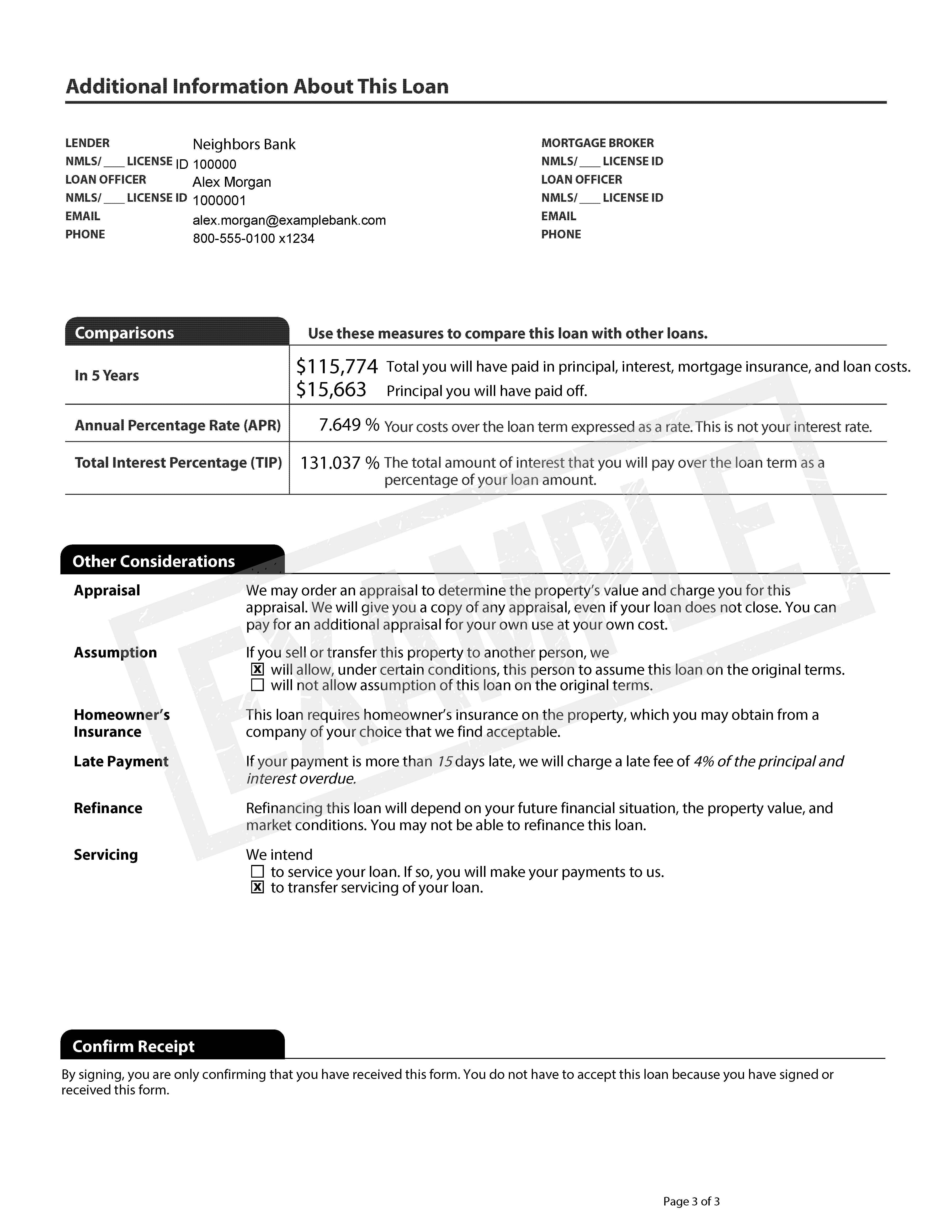 Page three of an example loan estimate.