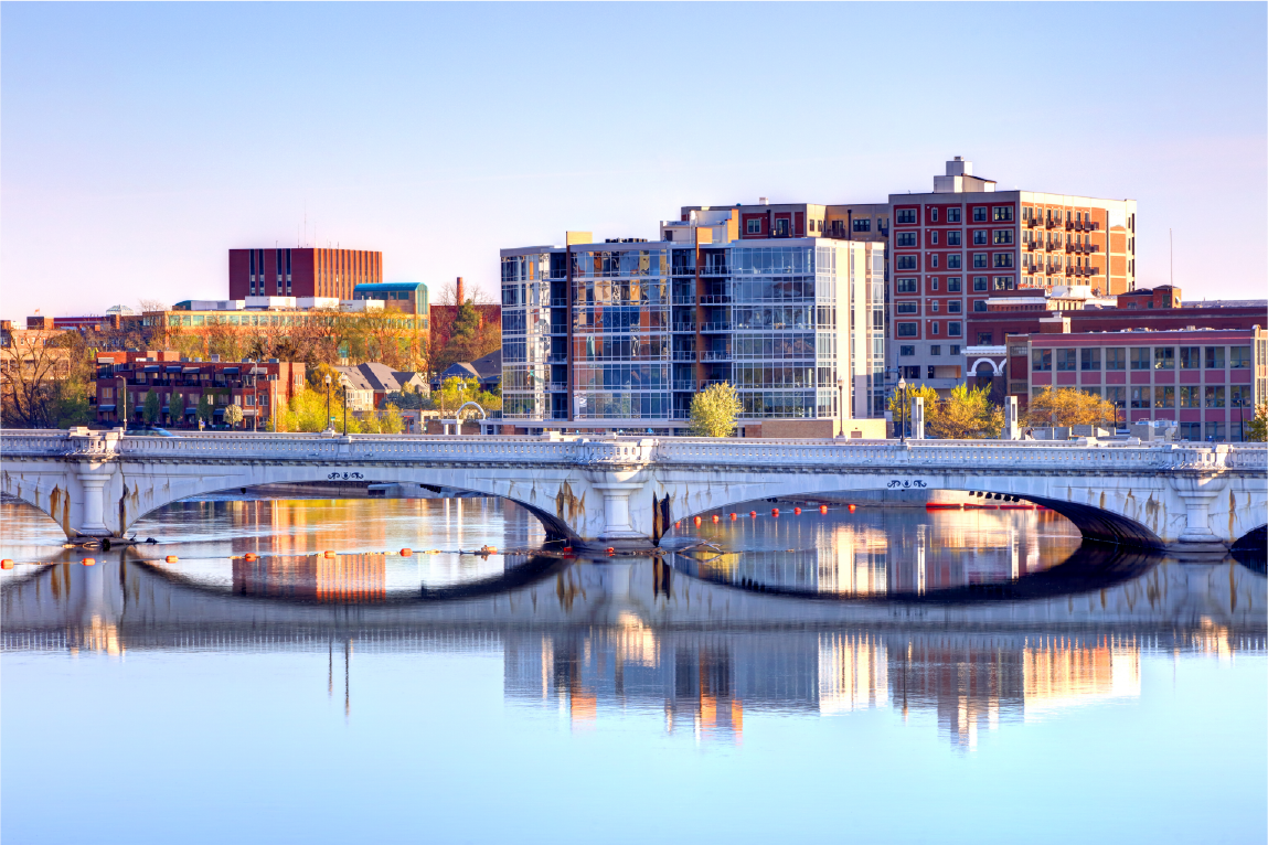 River skyline photo of South Bend, IN.