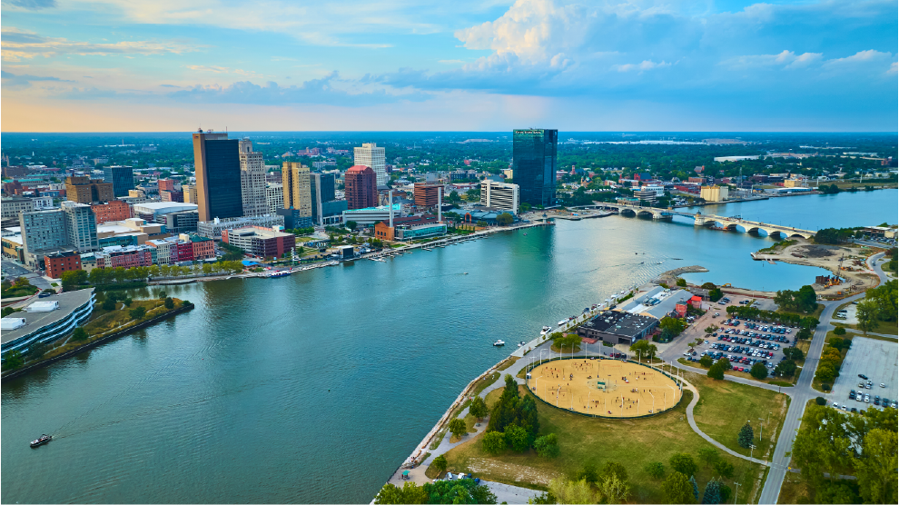 Aerial river skyline image of Toledo, OH.