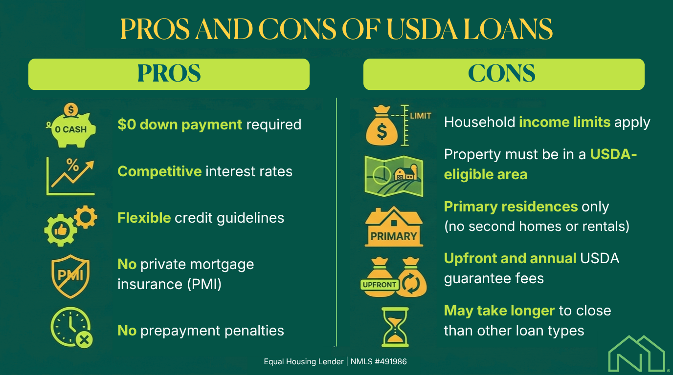 Graphic listing the pros and cons of USDA home loans.