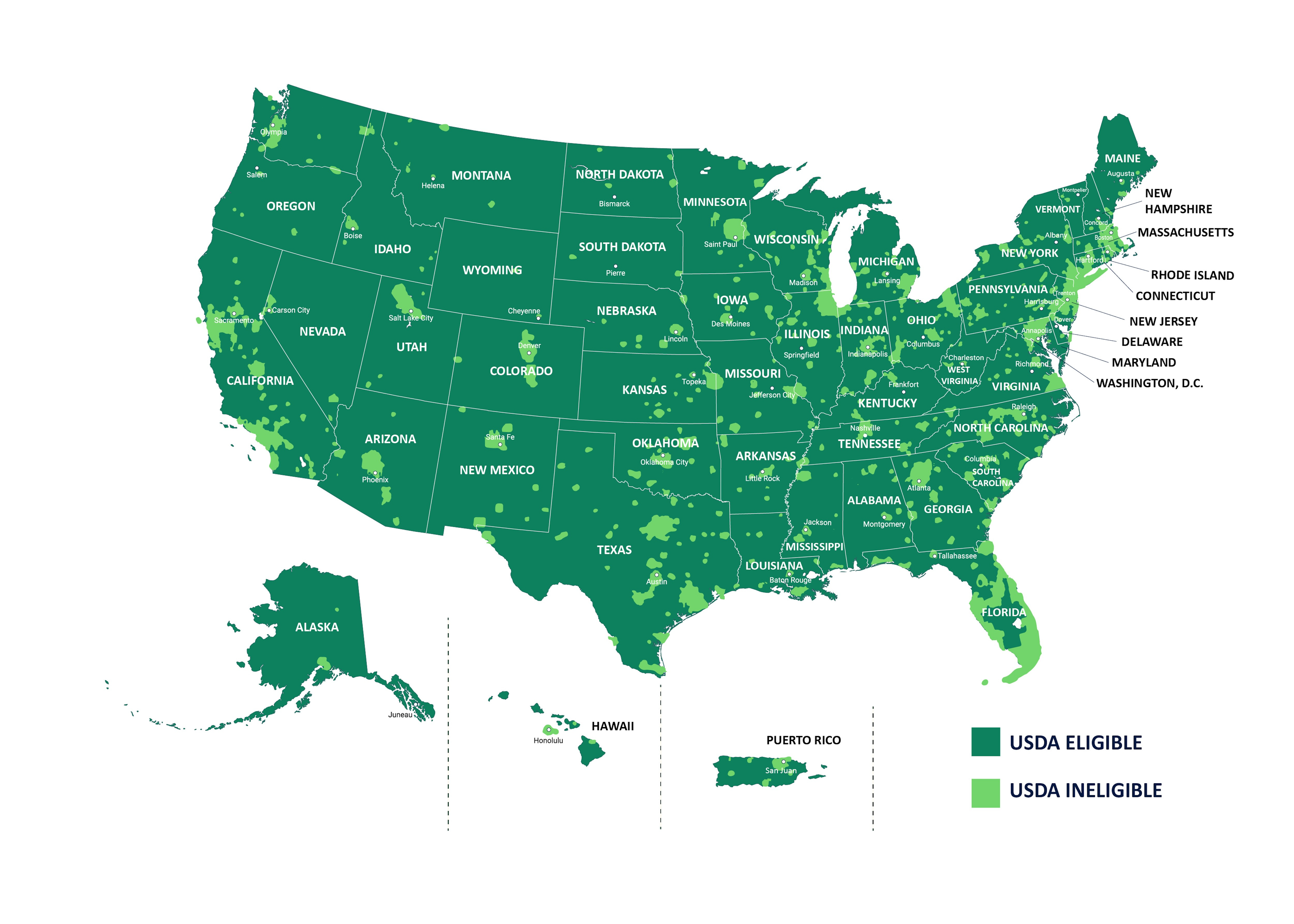 Illustrated Map of the United States of America showing USDA-eligible areas
