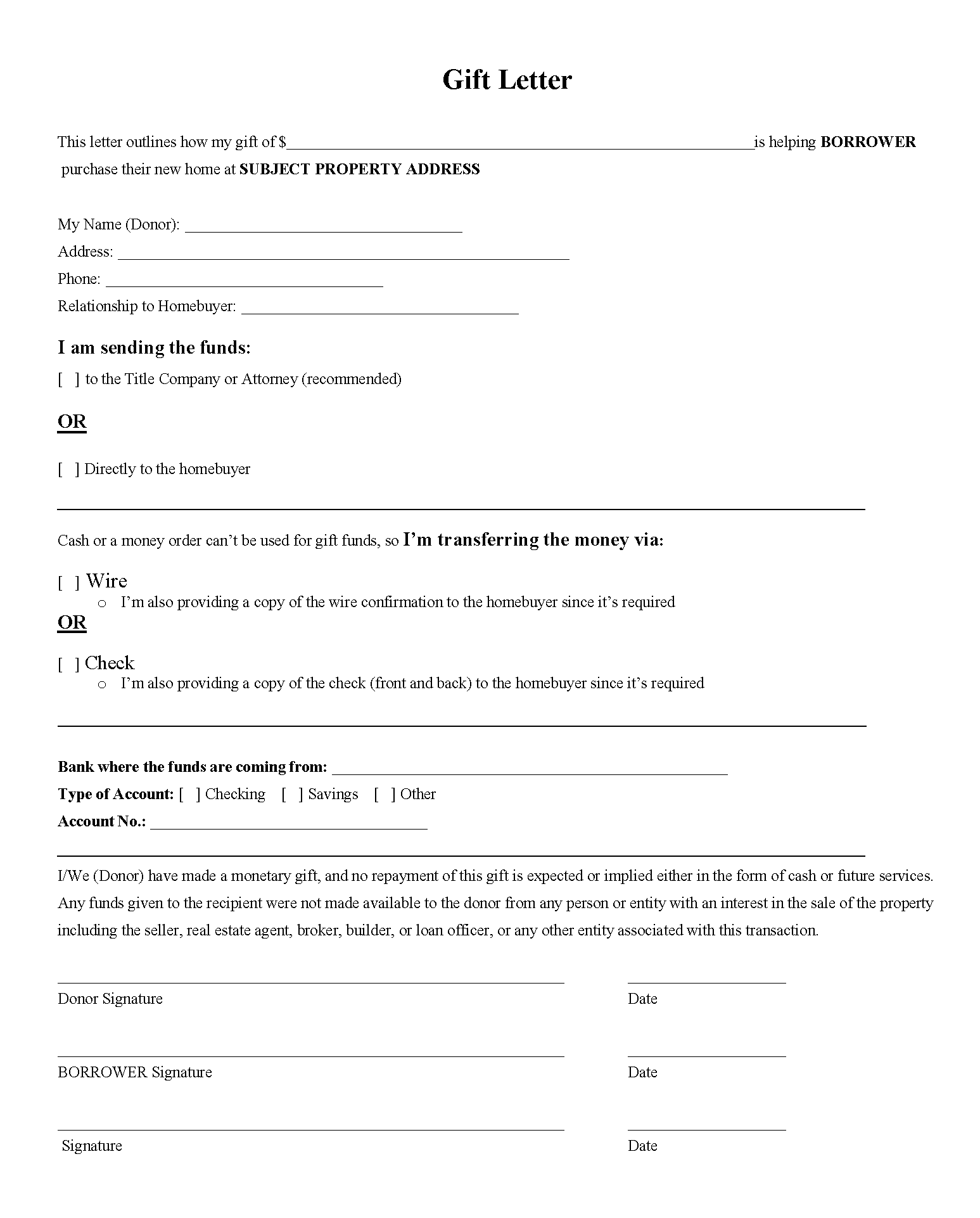 Image of an example gift fund letter.