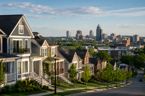 Photo of city skyline and neighborhood.