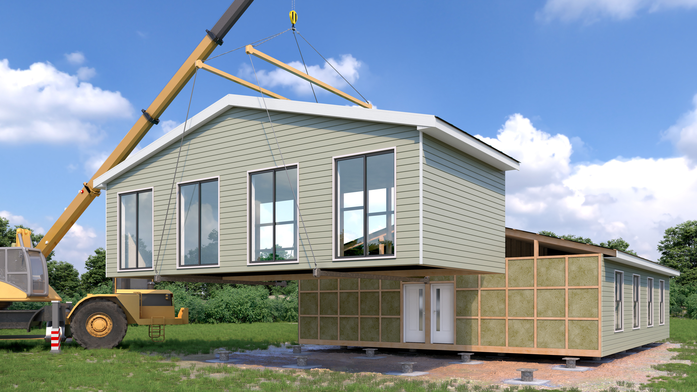 Photo of the exterior of a tan colored modular home.