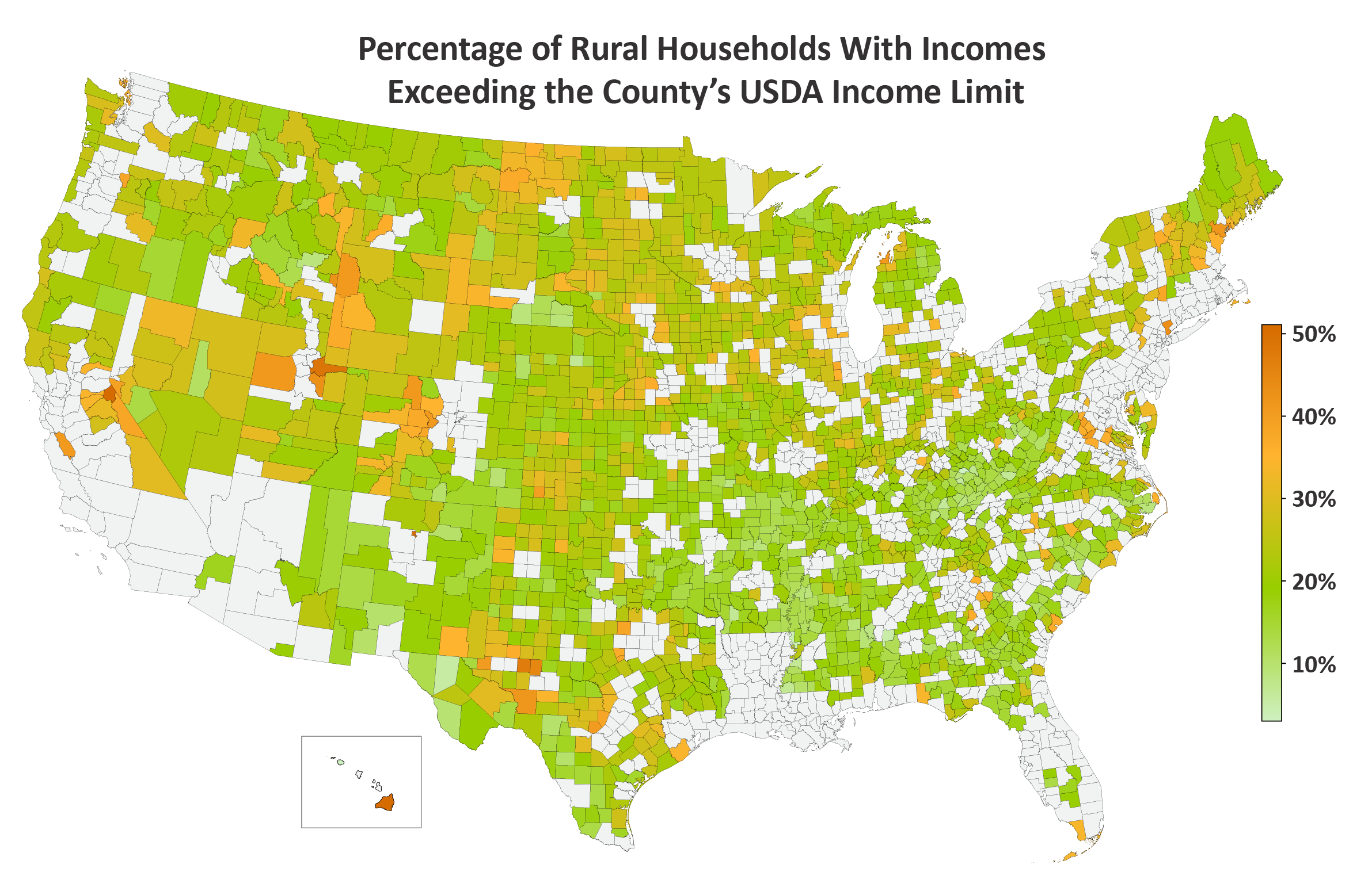Illustrated map depicting the percentage of rural households with incomes exceeding the county's USDA income limit.