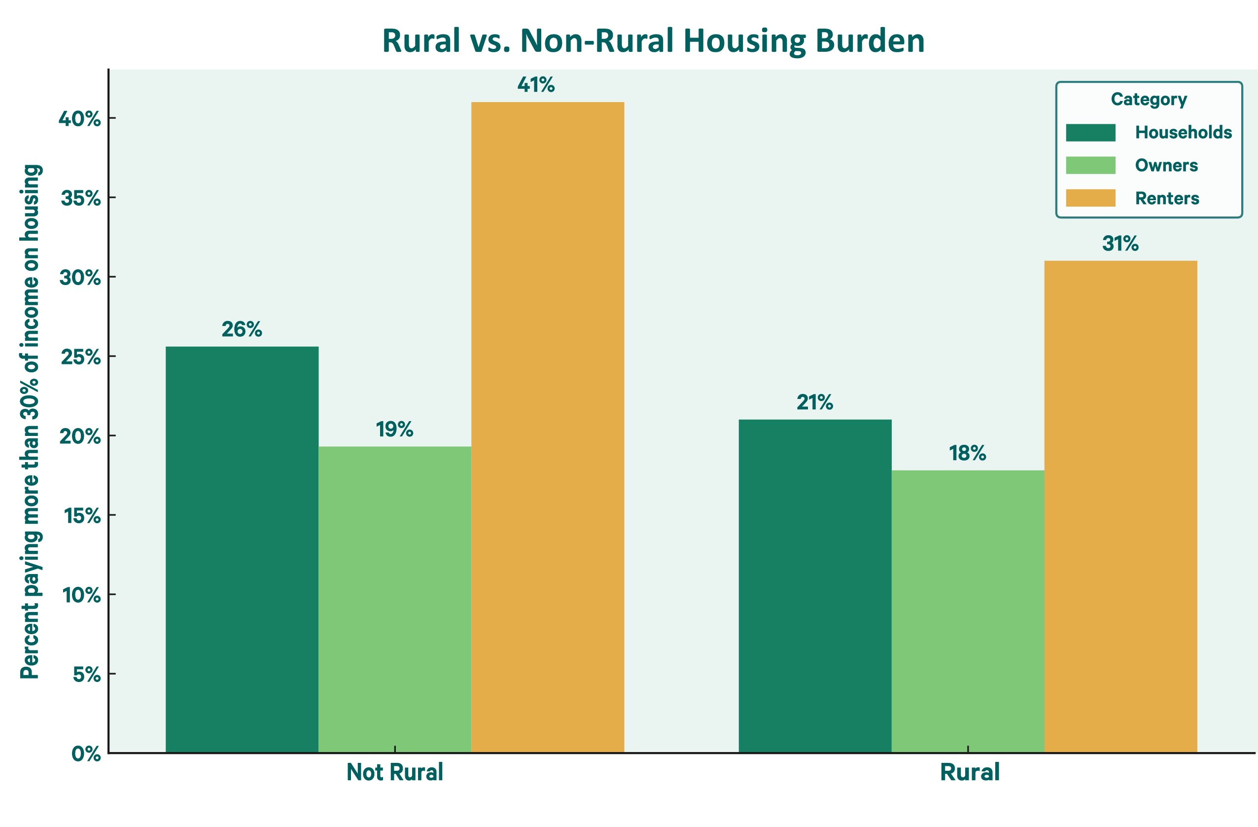Illustrated bar graph showing the percentage of rural and non-rural owners, renters and households spending 30% or more on housing costs.