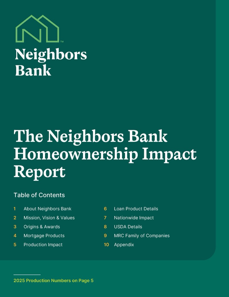 Report cover page with the title The Neighbors Bank Homeownership Impact Report and a table of contents.