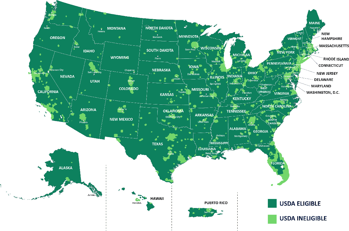 Illustrated Map of the United States of America showing USDA-eligible areas